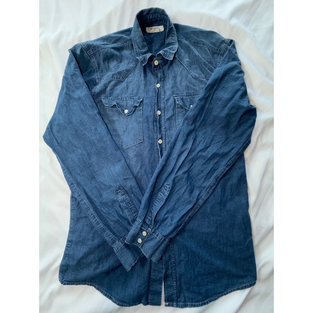 &SHIRT Mens Denim Western Pearl Snap Button Down Shirt Medium Blue Long Sleeve